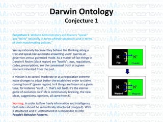 Darwin Ontology
Conjecture 1
Conjecture 1: Website Administrators and Owners “speak”
and “think” rationally in terms of their objectives and in terms
of their matchmaking policies.’’
We say rationally because they behave like thinking along a
tree and speak like automata answering users’ queries at
governors versus governed mode. As a matter of fact things in
Darwin K Realm (black region) are “fossils”: laws, regulations,
codes, prescriptions, are the consensual truth at a given
moment inherited from the past.
K mission is to cancel, moderate or at a negotiation extreme
make changes to adapt better the established order to claims
coming from K’ (green region). In K things are frozen at a given
time, for instance “as of …”. That’s not bad!. It’s the eternal
game of evolution. In K’ life is continuously brewing, the new
ideas, suggestions, opinions, all came from K’.
Warning: In order to flow freely information and intelligence
both sides should be semantically structured (mapped). With
K structured and K’ unstructured it is impossible to infer
People’s Behavior Patterns.
 