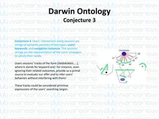 Darwin Ontology
Conjecture 3
Conjecture 3: Users’ interactions along sessions are
strings of semantic particles of two types, users’
keywords, and navigation instances. The sessions’
strings are the representation of the users’ strategies
to satisfy their needs.
Users sessions’ tracks of the form [iikikkikiikkiii…..],
where k stands for keyword and i for instance, even
ignoring their related outcomes, provide us a primal
source to evaluate our offer and to infer users’
behaviors without interfering with them!
These tracks could be considered primitive
expressions of the users’ searching Jargon.
 