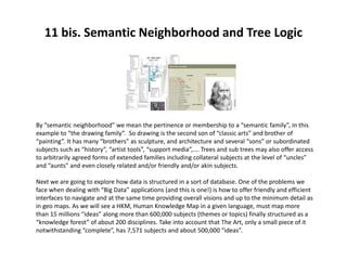 11 bis. Semantic Neighborhood and Tree Logic
By “semantic neighborhood” we mean the pertinence or membership to a “semantic family”, in this
example to “the drawing family”. So drawing is the second son of “classic arts” and brother of
“painting”. It has many “brothers” as sculpture, and architecture and several “sons” or subordinated
subjects such as “history”, “artist tools”, “support media”,…. Trees and sub trees may also offer access
to arbitrarily agreed forms of extended families including collateral subjects at the level of “uncles”
and “aunts” and even closely related and/or friendly and/or akin subjects.
Next we are going to explore how data is structured in a sort of database. One of the problems we
face when dealing with “Big Data” applications (and this is one!) is how to offer friendly and efficient
interfaces to navigate and at the same time providing overall visions and up to the minimum detail as
in geo maps. As we will see a HKM, Human Knowledge Map in a given language, must map more
than 15 millions “ideas” along more than 600,000 subjects (themes or topics) finally structured as a
“knowledge forest” of about 200 disciplines. Take into account that The Art, only a small piece of it
notwithstanding “complete”, has 7,571 subjects and about 500,000 “ideas”.
 