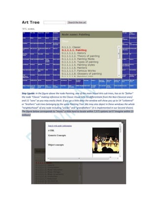 Step 1guide: In the figure above the node Painting, one of the main Visual Arts sub trees, has as its “father”
the node “Classic” making reference to the Classic Visual Arts (to differentiate from the Non Classical ones)
and 11 “sons” as you may easily check. If you go a little deep the window will show you up to 14 “collateral”
or “brothers” sub trees belonging to the same Painting Tree. We may also depict in these windows the whole
“neighborhood” of any node including “uncles” and “grandfathers” (it is implemented in our Second Vision).
The figure below corresponds to “music” a little hard to locate within 7,571 options isn’t? Imagine within 15
millions!
 