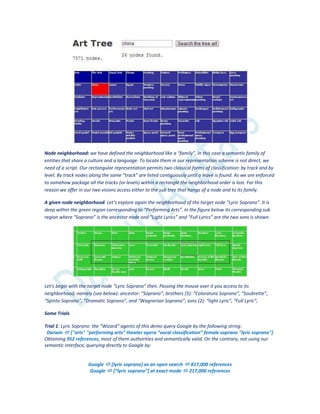Node neighborhood: we have defined the neighborhood like a “family”, in this case a semantic family of
entities that share a culture and a language. To locate them in our representation scheme is not direct, we
need of a script. Our rectangular representation permits two classical forms of classification: by track and by
level. By track nodes along the same “track” are listed contiguously until a leave is found. As we are enforced
to somehow package all the tracks (or levels) within a rectangle the neighborhood order is lost. For this
reason we offer in our two visions access either to the sub tree that hangs of a node and to its family.
A given node neighborhood: Let’s explore again the neighborhood of the target node “Lyric Soprano”. It is
deep within the green region corresponding to “Performing Arts”. In the figure below its corresponding sub
region where “Soprano” is the ancestor node and “Light Lyrics” and “Full Lyrics” are the two sons is shown.
Let’s begin with the target node “Lyric Soprano” then. Passing the mouse over it you access to its
neighborhood, namely (see below): ancestor: “Soprano”; brothers (5): “Coloratura Soprano”, “Soubrette”,
“Spinto Soprano”, “Dramatic Soprano”, and “Wagnerian Soprano”; sons (2): “light Lyric”, “Full Lyric”;
Some Trials
Trial 1: Lyric Soprano: the “Wizard” agents of this demo query Google by the following string:
Darwin  *"arts" "performing arts” theater opera “vocal classification” female soprano "lyric soprano"+
Obtaining 952 references, most of them authorities and semantically valid. On the contrary, not using our
semantic interface, querying directly to Google by:
Google  [lyric soprano] as an open search  817,000 references
Google  *“lyric soprano”+ at exact mode  217,000 references
 