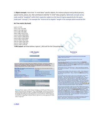 3. Object concepts: more than “in mind ideas” specific objects, for instance physical and juridical persons,
special events, places, etc, that contribute to identify “in mind” ideas properly. Optionally concepts of any
node could be “weighted” within their respective subjects as the Search Engines popularity for the query
*node path “concept”+. For example the “victoria de los ángeles” weight in the example above would be 814.
Art Tree metric (by level)
Level 1, 17 (17)
Level 2, 18 a 175 (158)
Level 3, 176 a 387 (212)
Level 4, 388 a 995 (608)
Level 5, 996 a 2107 (1112)
Level 6, 2108 a 4309 (2202)
Level 7, 4310 a 5.960 (1651)
Level 8, 5961 a 7023 (1063)
Level 9, 7024 a 7437 (414)
Level 10, 7438 a 7542 (105)
Level 11, 7543 a 7566 (24)
Level 12, 7567 a 7570 (4)
i-URL Layout: we show below a typical i_URL built for the Computing Map
=> Back
 