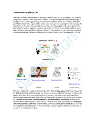 The Darwin 5-tuple for Kids
The query 2-tuple is the milestone of searching; users ask for a pair *s, q+ where s is the “in mind”
image they have about what they “need” in terms of information to improve their knowledge. As
the figure down at left suggests they are invisible meanwhile q the second elements of the pair
point to the hidden idea expressed the best way by users, see the figure right a common way: “by
explanations”. There are many ways to express them and figures down show some: a) primitive
(the little child gesture suggests more than words. doesn’t he?; b) a more elaborated q via words
(a girl telling something to a friend; c) an “average” q expressed via formal audiovisual messages;
and d) an audiovisual explanation of something relatively abstract and complex as the Yin-Yang.
i) The query 2-tuple: [s, q]
Examples of q’s
Explanations for kids
Munrudico Visual Images Explanations for kids
Explanations for kids
Primitive: blablabla Average Complex - Abstract
The query 3-uple is the outcome of searching: within the triplet [d, d, s] the first term d stands
for SERP, Search Engines Results Page, and amount of references (URL’s) that point to documents
dealing with query q. As most conventional search engines are not thematic and only index by
words these amounts are generally too big and thematically ambiguous. Its second term d stands
for a sample of supposedly thematically specific and authoritative documents. Here rests the
main weakness of conventional search engines. Finally its third term s stands for an “intelligent
and intelligence data gathering” procedure that generally has to be performed by the user: in fact
an intelligent collection of pieces of text, multimedia objects, images, metadata, pointers, etc., to
work on it as intellectual raw data.
 