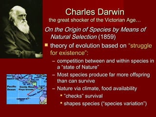 Charles DarwinCharles Darwin
the great shocker of the Victorian Age…the great shocker of the Victorian Age…
On the Origin of Species by Means ofOn the Origin of Species by Means of
Natural SelectionNatural Selection (1859)(1859)
 theory of evolution based ontheory of evolution based on “struggle“struggle
for existence”:for existence”:
– competition between and within species incompetition between and within species in
a “state of Nature”a “state of Nature”
– Most species produce far more offspringMost species produce far more offspring
than can survivethan can survive
– Nature via climate, food availabilityNature via climate, food availability
 ””checks” survivalchecks” survival
 shapes species (“species variation”)shapes species (“species variation”)
 
