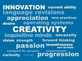 INNOVATION current ability
language revisions
  appreciation new practices
desire      operating systems
     CREATIVITY
 inquisitive minds             necessity
vision strength          forward thinking
         passion           inventiveness
                                new formats
  equipped for purpose    requirements
curiosity energy    progression
 