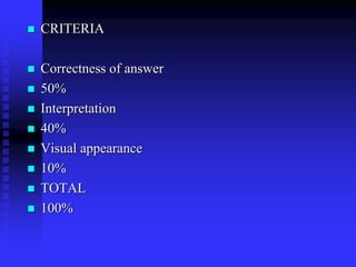  CRITERIA
 Correctness of answer
 50%
 Interpretation
 40%
 Visual appearance
 10%
 TOTAL
 100%
 
