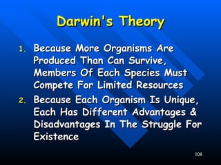 Darwin's Theory Because More Organisms Are Produced Than Can Survive, Members Of Each Species Must Compete For Limited Resources Because Each Organism Is Unique, Each Has Different Advantages & Disadvantages In The Struggle For Existence 