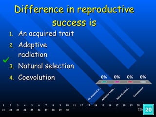 Difference in reproductive success is An acquired trait Adaptive radiation Natural selection Coevolution  20 1 2 3 4 5 6 7 8 9 10 11 12 13 14 15 16 17 18 19 20 21 22 23 24 25 26 27 28 29 30 