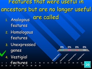 Features that were useful in ancestors but are no longer useful are called Analogous features Homologous features Unexpressed genes Vestigial features 20 1 2 3 4 5 6 7 8 9 10 11 12 13 14 15 16 17 18 19 20 21 22 23 24 25 26 27 28 29 30 