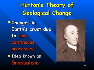 Hutton’s Theory of Geological Change Changes in Earth’s crust due to  slow continuous processes Idea Known as  Gradualism 