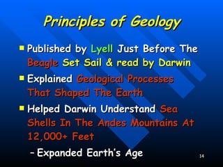 Principles of Geology Published by  Lyell  Just Before The  Beagle  Set Sail & read by Darwin Explained  Geological Processes That Shaped The Earth Helped Darwin Understand  Sea Shells In The Andes Mountains At 12,000+ Feet Expanded Earth’s Age 