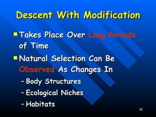 Descent With Modification Takes Place Over  Long Periods  of Time Natural Selection Can Be  Observed  As Changes In Body Structures Ecological Niches Habitats 
