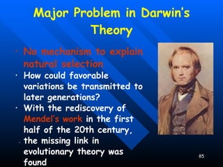 Major Problem in Darwin’s Theory No mechanism to explain natural selection How could favorable variations be transmitted to later generations? With the rediscovery of  Mendel’s work  in the first half of the 20th century, the missing link in evolutionary theory was found . 