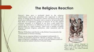 The Religious Reaction
Darwin’s ideas gave a profound shock to the religious
establishment, and to the naturalists who supported it with the
theory of natural theology. Darwin’s theory was perceived as being
much more difficult to reconcile with a creative, all powerful god,
than those of Copernicus, Galileo or Newton. If we take natural
selection seriously it is difficult to see how a god could have
created us, and hence it is difficult to see how we could have any
special place in a god’s creation. There were a number of public
disputes between religious authorities, older naturalists and the
Darwinists.
Ÿ
Bishop Wilberforce and Huxley at the British Associationfor the
Advancement of Science meeting.
Ÿ
There was an ongoing debate in newspapers and journals. A
number of naturalists argued for “theistic evolution,” and even
many of Darwin’s colleagues, such as Lyell and Wallace,could not
fully accept the natural selection of human beings.
"Prof. Darwin" coloured lithograph by
Faustin Betbeder, with original Shakespeare
quotes in text below. Front page of the
"Figaro" paper N. 475, London Wednesday
February 18th 1874.
 