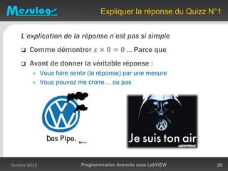 Expliquer la réponse du Quizz N°1
L’explication de la réponse n’est pas si simple
 Comme démontrer 𝑥 × 0 = 0 … Parce que
 Avant de donner la véritable réponse :
 Vous faire sentir (la réponse) par une mesure
 Vous pouvez me croire… ou pas
Octobre 2013 Programmation Avancée sous LabVIEW 25
 