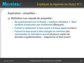 Expliquer la réponse du Quizz N°1
Explication « simplifiée »
 Définition Les nœuds de propriété :
 Se synchronisent sur le thread « interface utilisateur ». Seul
système d’exécution pas multithread (Bloquant)
 Forcent à redessiner la face-avant à chaque appel (Lenteur)
 Forcent la face-avant à être chargée en mémoire (les
commandes et indicateurs auront plusieurs copies de
données supplémentaires – diagramme et face-avant)
Octobre 2013 Programmation Avancée sous LabVIEW 27
 