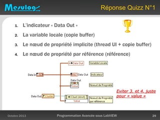 Réponse Quizz N°1
1. L’indicateur « Data Out »
2. La variable locale (copie buffer)
3. Le nœud de propriété implicite (thread UI + copie buffer)
4. Le nœud de propriété par référence (référence)
Octobre 2013 Programmation Avancée sous LabVIEW 29
Eviter 3. et 4. juste
pour « value »
 