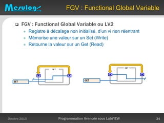  FGV : Functional Global Variable ou LV2
 Registre à décalage non initialisé, d’un vi non réentrant
 Mémorise une valeur sur un Set (Write)
 Retourne la valeur sur un Get (Read)
FGV : Functional Global Variable
Octobre 2013 Programmation Avancée sous LabVIEW 34
 