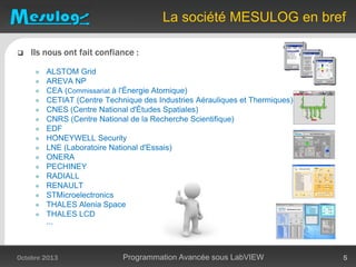 La société MESULOG en bref
 Ils nous ont fait confiance :
 ALSTOM Grid
 AREVA NP
 CEA (Commissariat à l'Énergie Atomique)
 CETIAT (Centre Technique des Industries Aérauliques et Thermiques)
 CNES (Centre National d'Études Spatiales)
 CNRS (Centre National de la Recherche Scientifique)
 EDF
 HONEYWELL Security
 LNE (Laboratoire National d'Essais)
 ONERA
 PECHINEY
 RADIALL
 RENAULT
 STMicroelectronics
 THALES Alenia Space
 THALES LCD
...
Octobre 2013 Programmation Avancée sous LabVIEW 5
 