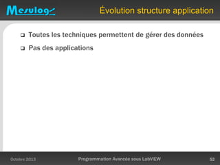 Évolution structure application
Octobre 2013 Programmation Avancée sous LabVIEW 52
 Toutes les techniques permettent de gérer des données
 Pas des applications
 