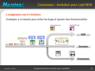 Conclusion : évolution pour LabVIEW
L’exagération nuit à l’évolution
S’adapter à un besoin pour éviter les bugs et ajouter des fonctionnalités
Octobre 2013 Programmation Avancée sous LabVIEW 71
Framework
Données
OOP
 