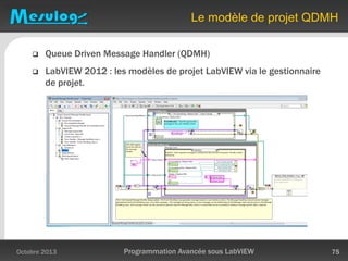 Le modèle de projet QDMH
Octobre 2013 Programmation Avancée sous LabVIEW 75
 Queue Driven Message Handler (QDMH)
 LabVIEW 2012 : les modèles de projet LabVIEW via le gestionnaire
de projet.
 