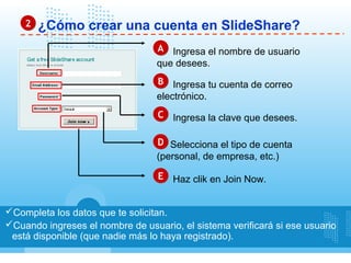 2   ¿Cómo crear una cuenta en SlideShare?
                                  A Ingresa el nombre de usuario
                                  que desees.
                                  B Ingresa tu cuenta de correo
                                  electrónico.
                                  C Ingresa la clave que desees.

                                  D Selecciona el tipo de cuenta
                                  (personal, de empresa, etc.)

                                  E Haz clik en Join Now.


Completa los datos que te solicitan.
Cuando ingreses el nombre de usuario, el sistema verificará si ese usuario
 está disponible (que nadie más lo haya registrado).
 