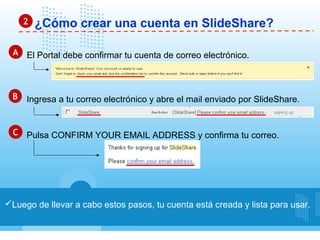 2   ¿Cómo crear una cuenta en SlideShare?

  A El Portal debe confirmar tu cuenta de correo electrónico.



 B Ingresa a tu correo electrónico y abre el mail enviado por SlideShare.



  C Pulsa CONFIRM YOUR EMAIL ADDRESS y confirma tu correo.




Luego de llevar a cabo estos pasos, tu cuenta está creada y lista para usar.
 