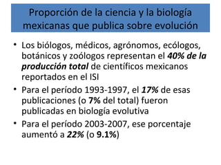 Proporción de la ciencia y la biología
mexicanas que publica sobre evolución
• Los biólogos, médicos, agrónomos, ecólogos,
botánicos y zoólogos representan el 40% de la
producción total de científicos mexicanos
reportados en el ISI
• Para el período 1993-1997, el 17% de esas
publicaciones (o 7% del total) fueron
publicadas en biología evolutiva
• Para el período 2003-2007, ese porcentaje
aumentó a 22% (o 9.1%)
 