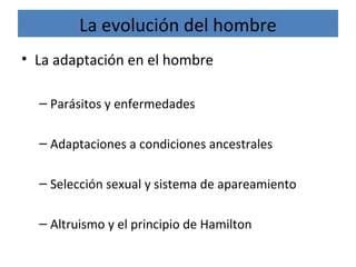 • La adaptación en el hombre
– Parásitos y enfermedades
– Adaptaciones a condiciones ancestrales
– Selección sexual y sistema de apareamiento
– Altruismo y el principio de Hamilton
La evolución del hombre
 