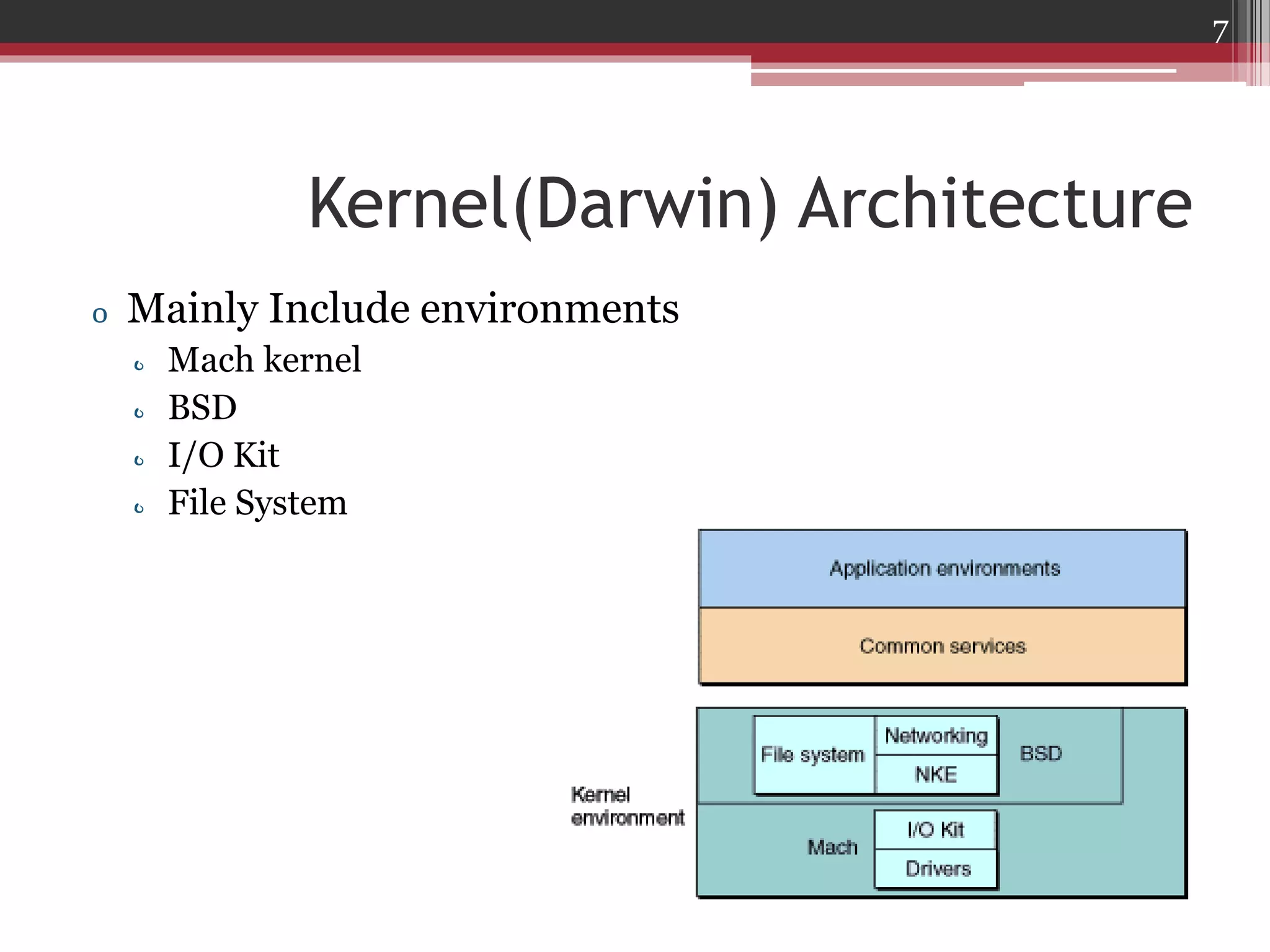 7

Kernel(Darwin) Architecture
o Mainly Include environments
o
o
o
o

Mach kernel
BSD
I/O Kit
File System

 