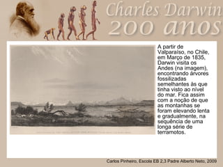 A partir de Valparaíso, no Chile, em Março de 1835, Darwin visita os Andes (na imagem), encontrando árvores fossilizadas semelhantes às que tinha visto ao nível do mar. Fica assim com a noção de que as montanhas se foram elevando lenta e gradualmente, na sequência de uma longa série de terramotos. 