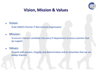 Vision, Mission & ValuesVision:To be EMEA’s Premier IT Recruitment OrganisationMission:To recruit a Darwin candidate into every IT department of every customer that we supportValues:To work with passion, integrity and determination and to remember that we can always improve