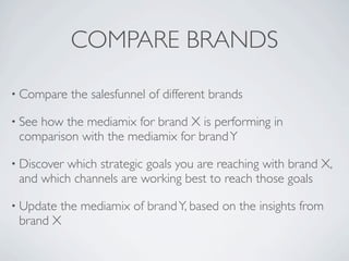 COMPARE BRANDS
• Compare the salesfunnel of different brands
• See how the mediamix for brand X is performing in
comparison with the mediamix for brandY
• Discover which strategic goals you are reaching with brand X,
and which channels are working best to reach those goals
• Update the mediamix of brandY, based on the insights from
brand X
 