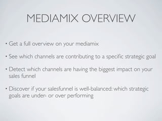MEDIAMIX OVERVIEW
• Get a full overview on your mediamix
• See which channels are contributing to a speciﬁc strategic goal
• Detect which channels are having the biggest impact on your
sales funnel
• Discover if your salesfunnel is well-balanced: which strategic
goals are under- or over performing
 