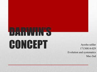 DARWIN’S
CONCEPT Ayesha safdar
17130814-029
Evolution and systematics
Msc-2nd
 