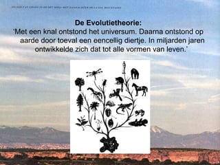 De Evolutietheorie: ‘ Met een knal ontstond het universum. Daarna ontstond op aarde door toeval een eencellig diertje. In miljarden jaren ontwikkelde zich dat tot alle vormen van leven.’  