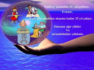 İNSAN YALVARMIŞ:  Allah’ım!!! İnsan olmak dünyayı yönetmek için 20 yıl yetmez,  Ne olur,  Eşekten artan 25 yılı,  Köpekten artan 10 yılı,  Maymundan artan 10 yılı benim ömrüme ekle !!!  Allah bu duayı kabul etmiş.  Eşekten kazanılan 25 yıla gelince,   Evlenir,   Eşek gibi sabahtan akşama kadar 25 yıl çalışır,   Omzuna ağır yükler  Ve sorumluluklar yüklenir.   