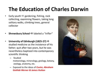 The Education of Charles Darwin
• Early youth  gardening, fishing, rock
collecting, examining flowers, taking long
solitary walks, climbing trees, general
collector
• Shrewsbury School  labeled a “trifler”
• University of Edinburgh (1825-27) 
studied medicine as the insistence of his
father; quit after two years, but he was
nevertheless baptized into contemporary
scientific thinking
– Studied
meteorology, mineralogy, geology, botany,
zoology, anatomy, etc.
– Exposed to the ideas of Cuvier, Abraham
Gottlob Werner & James Hutton
 