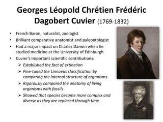 Georges Léopold Chrétien Frédéric
Dagobert Cuvier (1769-1832)
• French Baron, naturalist, zoologist
• Brilliant comparative anatomist and paleontologist
• Had a major impact on Charles Darwin when he
studied medicine at the University of Edinburgh
• Cuvier’s Important scientific contributions:
 Established the fact of extinction
 Fine-tuned the Linnaeus classification by
comparing the internal structure of organisms
 Rigorously compared the anatomy of living
organisms with fossils
 Showed that species become more complex and
diverse as they are replaced through time
 