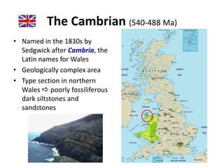 The Cambrian (540-488 Ma)
• Named in the 1830s by
Sedgwick after Cambria, the
Latin names for Wales
• Geologically complex area
• Type section in northern
Wales  poorly fossiliferous
dark siltstones and
sandstones
 
