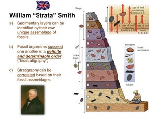 a) Sedimentary layers can be
identified by their own
unique assemblage of
fossils
b) Fossil organisms succeed
one another in a definite
and determinable order
(“biostratigraphy”)
c) Stratigraphy can be
correlated based on their
fossil assemblages
William “Strata” Smith
 