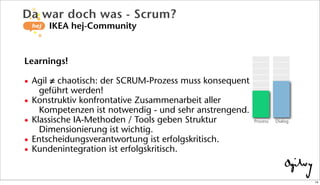 Learnings!
• Agil ≠ chaotisch: der SCRUM-Prozess muss konsequent
geführt werden!
• Konstruktiv konfrontative Zusammenarbeit aller
Kompetenzen ist notwendig - und sehr anstrengend.
• Klassische IA-Methoden / Tools geben Struktur
Dimensionierung ist wichtig.
• Entscheidungsverantwortung ist erfolgskritisch.
• Kundenintegration ist erfolgskritisch.
Da war doch was - Scrum?
IKEA hej-Community
DialogProzess
14
 