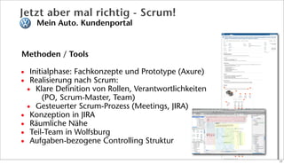 Methoden / Tools
• Initialphase: Fachkonzepte und Prototype (Axure)
• Realisierung nach Scrum:
• Klare Definition von Rollen, Verantwortlichkeiten
(PO, Scrum-Master, Team)
• Gesteuerter Scrum-Prozess (Meetings, JIRA)
• Konzeption in JIRA
• Räumliche Nähe
• Teil-Team in Wolfsburg
• Aufgaben-bezogene Controlling Struktur
Jetzt aber mal richtig - Scrum!
Mein Auto. Kundenportal
17
 