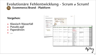 Vorgehen:
• Klassisch Wasserfall
• Pseudo-agil
• Paperdriven
• ...
Evolutionäre Fehlentwicklung - Scrum ≠ Scrum!
Ecommerce/Brand - Plattform
21
 