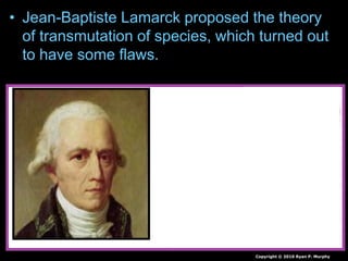 • Jean-Baptiste Lamarck proposed the theory
of transmutation of species, which turned out
to have some flaws.
– Nonetheless was the first real theory of evolution.
Copyright © 2010 Ryan P. Murphy
 