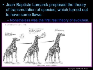 • Jean-Baptiste Lamarck proposed the theory
of transmutation of species, which turned out
to have some flaws.
– Nonetheless was the first real theory of evolution.
Copyright © 2010 Ryan P. Murphy
 
