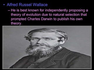 • Alfred Russel Wallace
– He is best known for independently proposing a
theory of evolution due to natural selection that
prompted Charles Darwin to publish his own
theory.
 