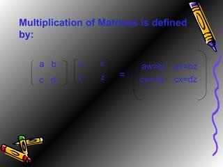 Multiplication of Matrices is defined by: a  b c  d = w  x y  z aw=by  ax=bz cw=dy  cx=dz 