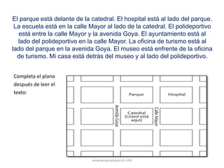El parque está delante de la catedral. El hospital está al lado del parque.
 La escuela está en la calle Mayor al lado de la catedral. El polideportivo
   está entre la calle Mayor y la avenida Goya. El ayuntamiento está al
  lado del polideportivo en la calle Mayor. La oficina de turismo está al
lado del parque en la avenida Goya. El museo está enfrente de la oficina
  de turismo. Mi casa está detrás del museo y al lado del polideportivo.


Completa el plano
después de leer el
texto:




                             www.wespeakspanish.info
 